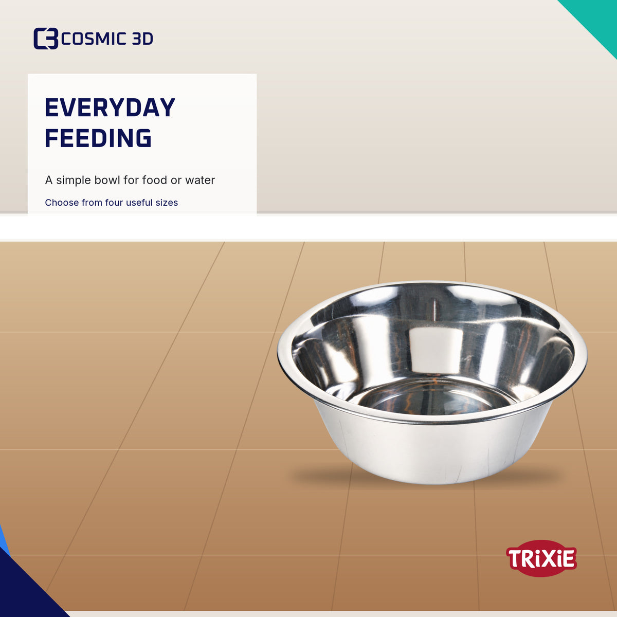 Stainless-steel Trixie bowl shown on a tiled floor for standalone feeding.