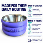 Stacked bowl care and ordering guide: hand wash printed riser; choose size, height, colour and pet name.