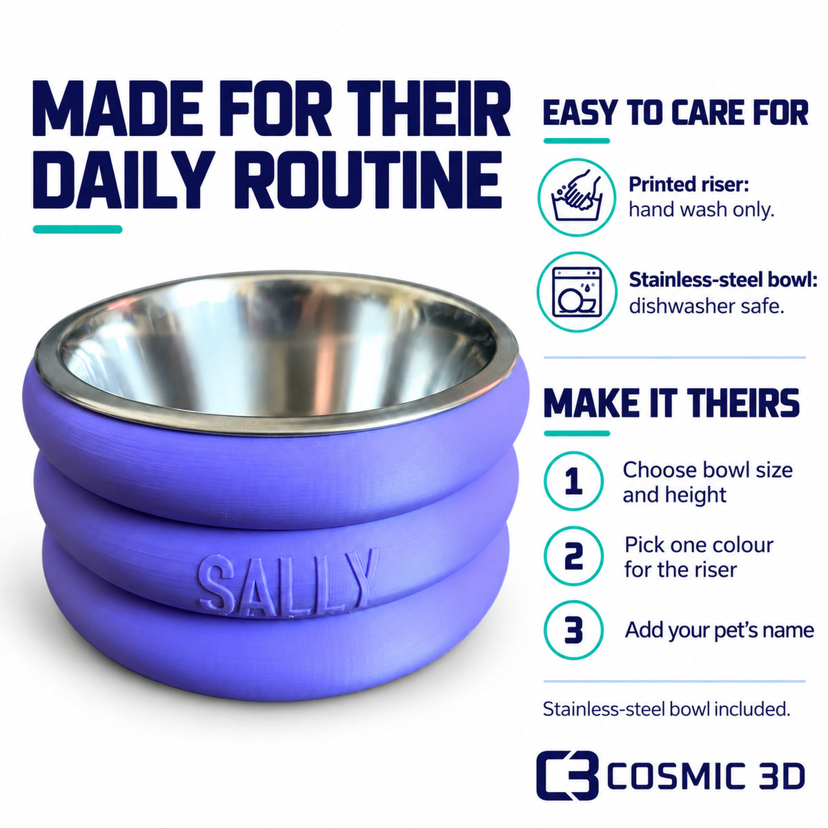 Stacked bowl care and ordering guide: hand wash printed riser; choose size, height, colour and pet name.