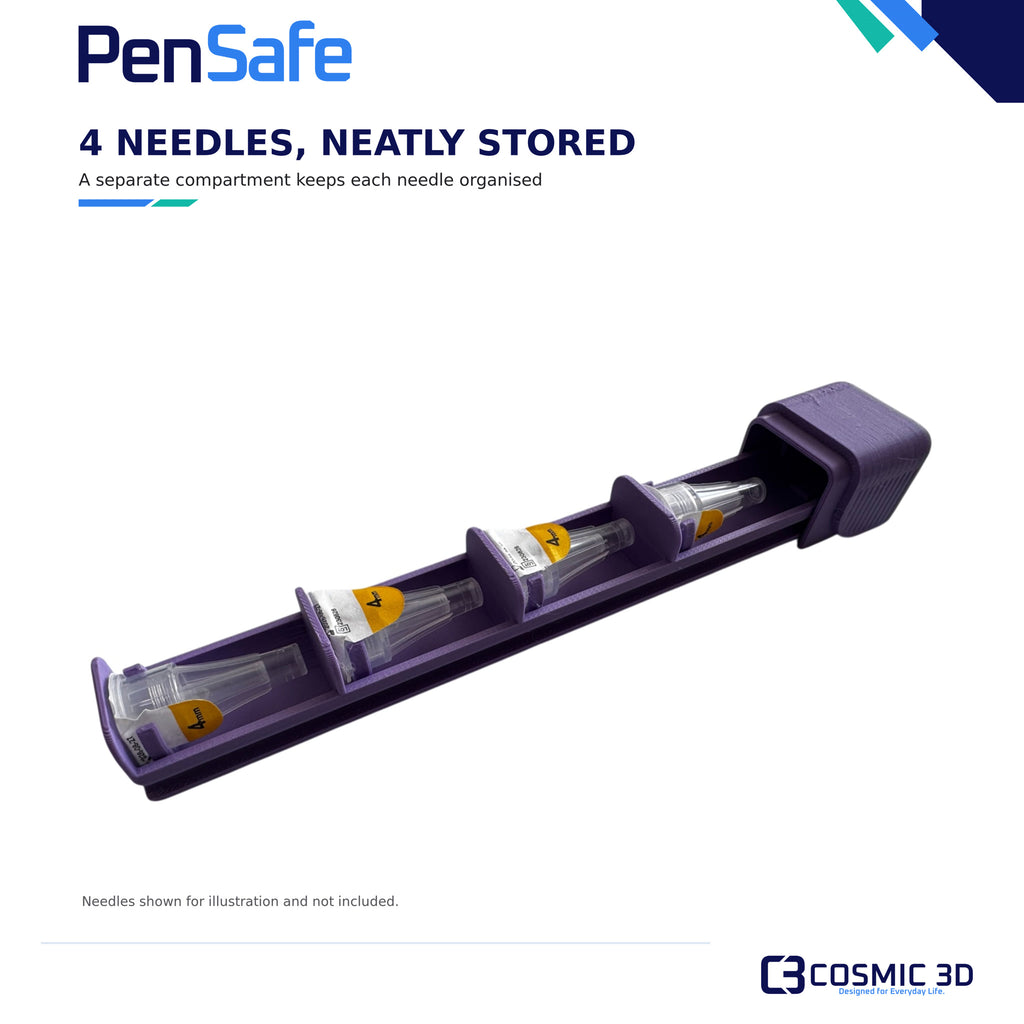 Four-needle storage detail for PenSafe pen and needle travel case