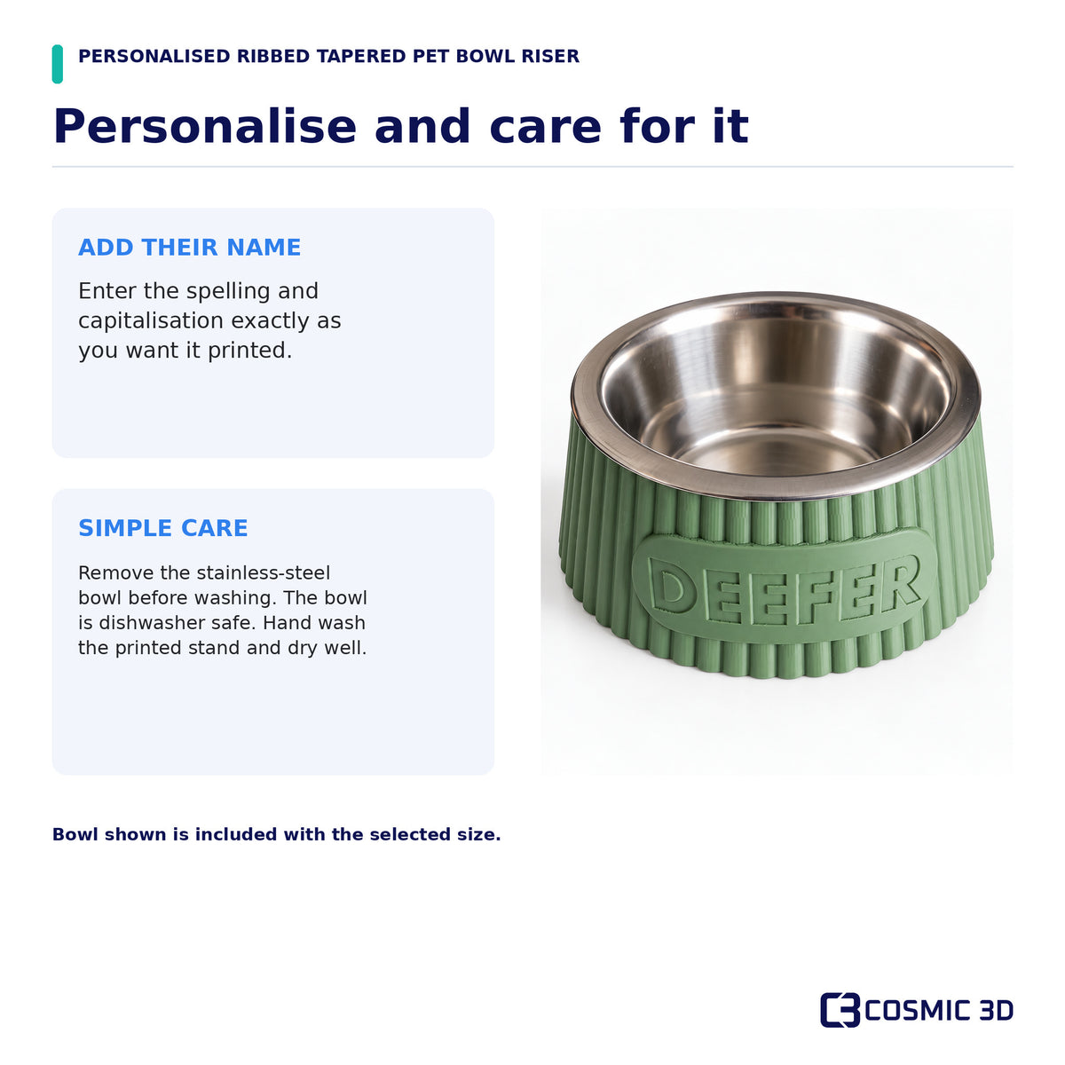 Personalisation and care guide: enter the pet's name; remove the dishwasher-safe steel bowl and hand wash the printed stand.