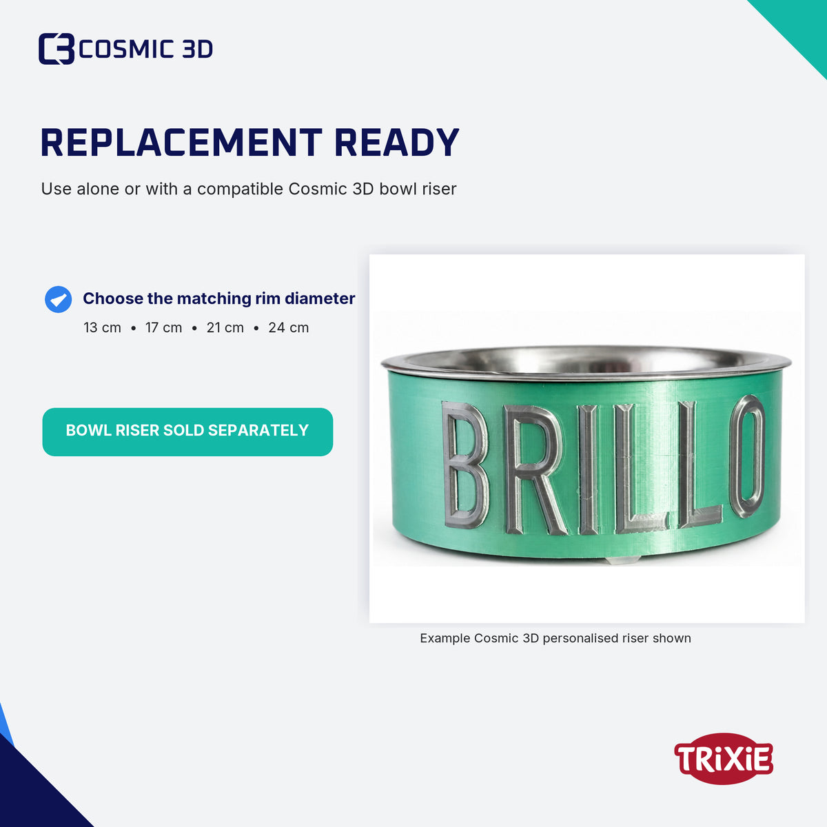 Trixie steel insert in a mint personalised Cosmic 3D bowl holder; match the rim diameter.