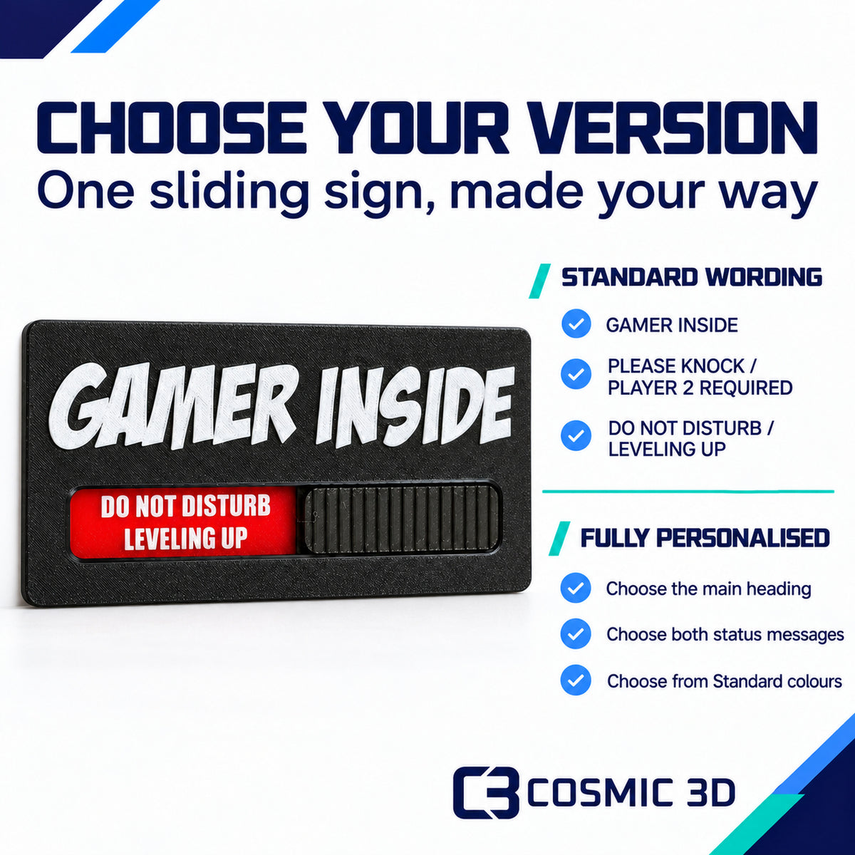 Version and personalisation choices for personalised gamer door sign