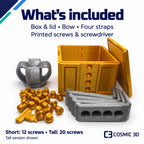 Tall gift box parts laid out: box, lid, bow, four straps, printed screws and screwdriver.