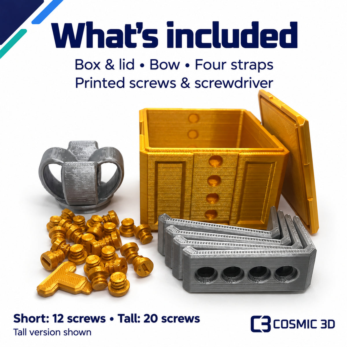 Tall gift box parts laid out: box, lid, bow, four straps, printed screws and screwdriver.