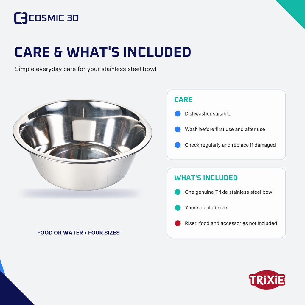 Trixie bowl care and contents guide: one steel bowl included; holder and accessories excluded.