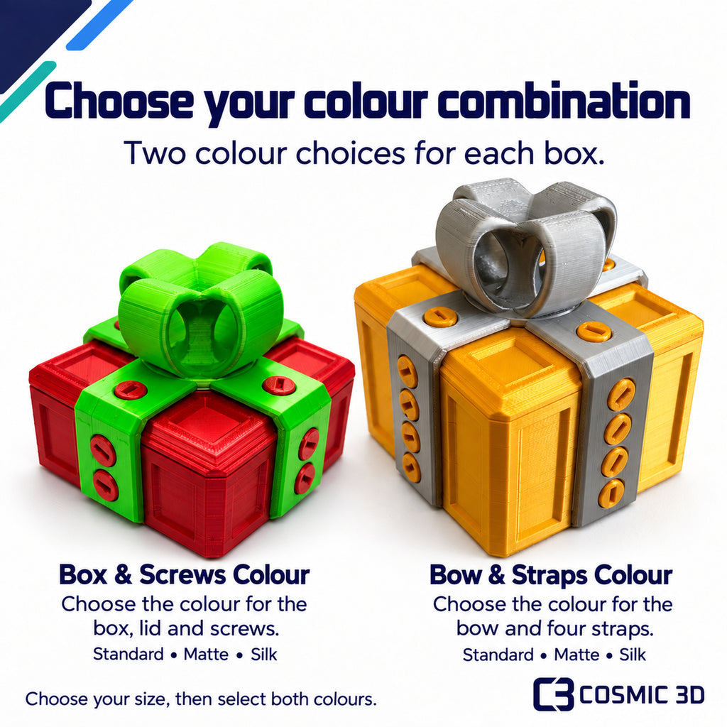 Gift box colour guide: one colour for box, lid and screws; another for bow and straps.