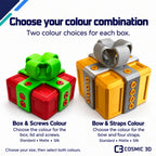 Gift box colour guide: one colour for box, lid and screws; another for bow and straps.