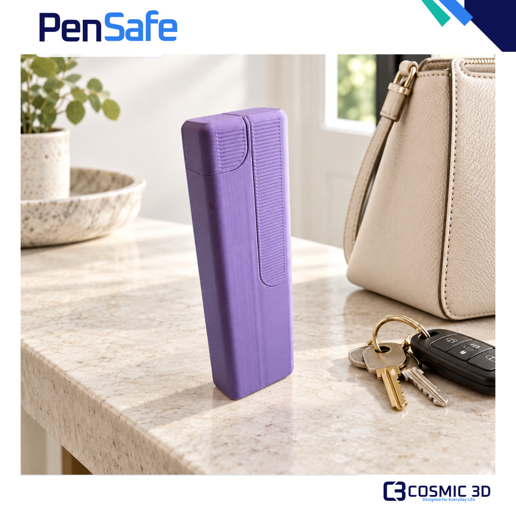 Product shown in a home setting for PenSafe pen and needle travel case