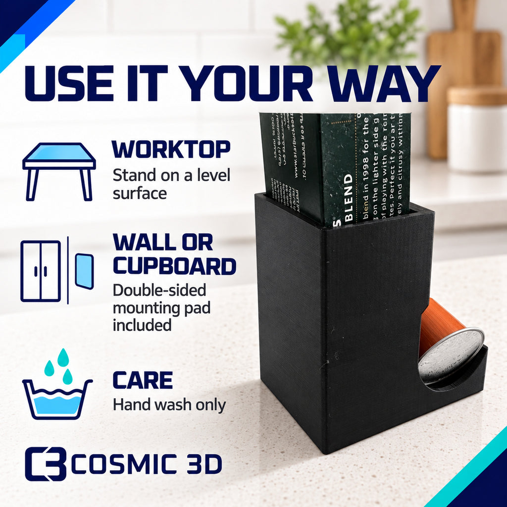 Worktop, wall and cupboard placement options for vertical coffee capsule holder