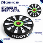 Close-up product details of the dartboard-style holder