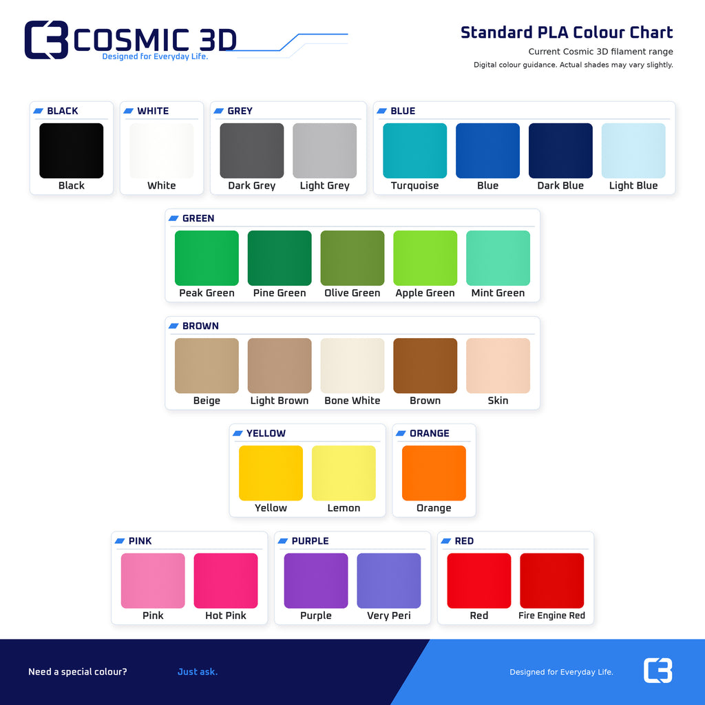 Cosmic 3D Standard PLA colour chart with named swatches grouped by colour.