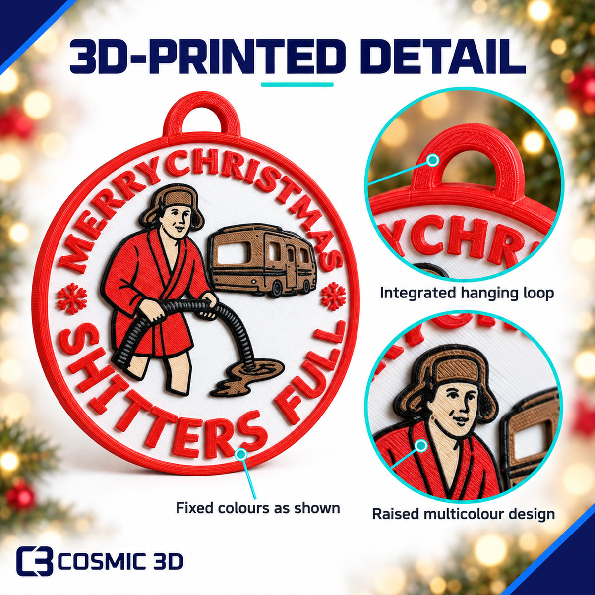 Close-up of the 3D-printed finish for Christmas Vacation ornament set