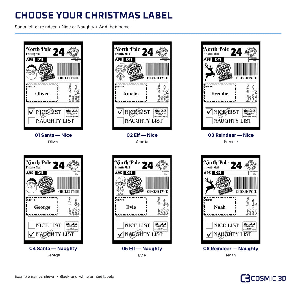 Six Christmas label options: Santa, elf or reindeer, each with Nice List or Naughty List ticked.