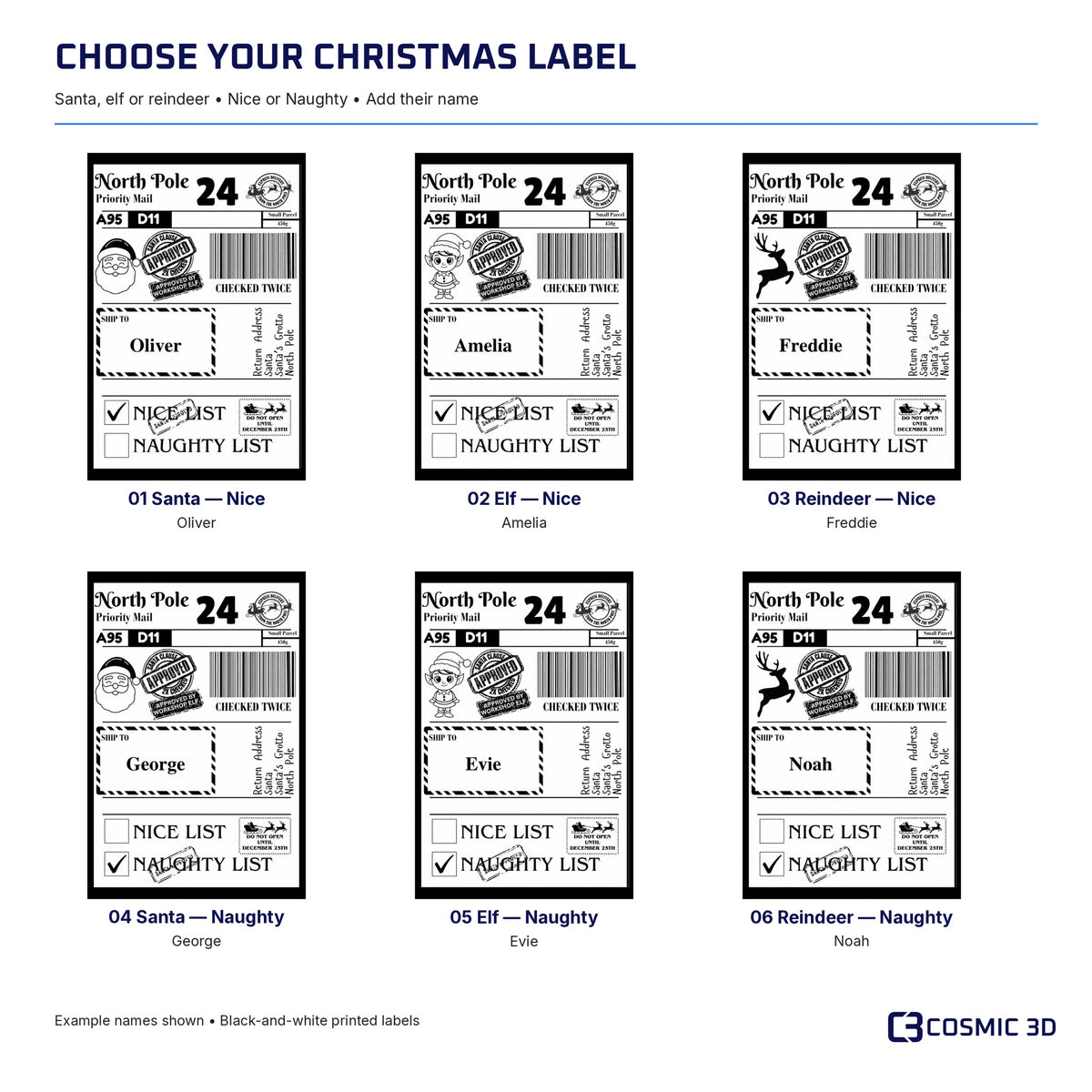 Six Christmas label options: Santa, elf or reindeer, each with Nice List or Naughty List ticked.