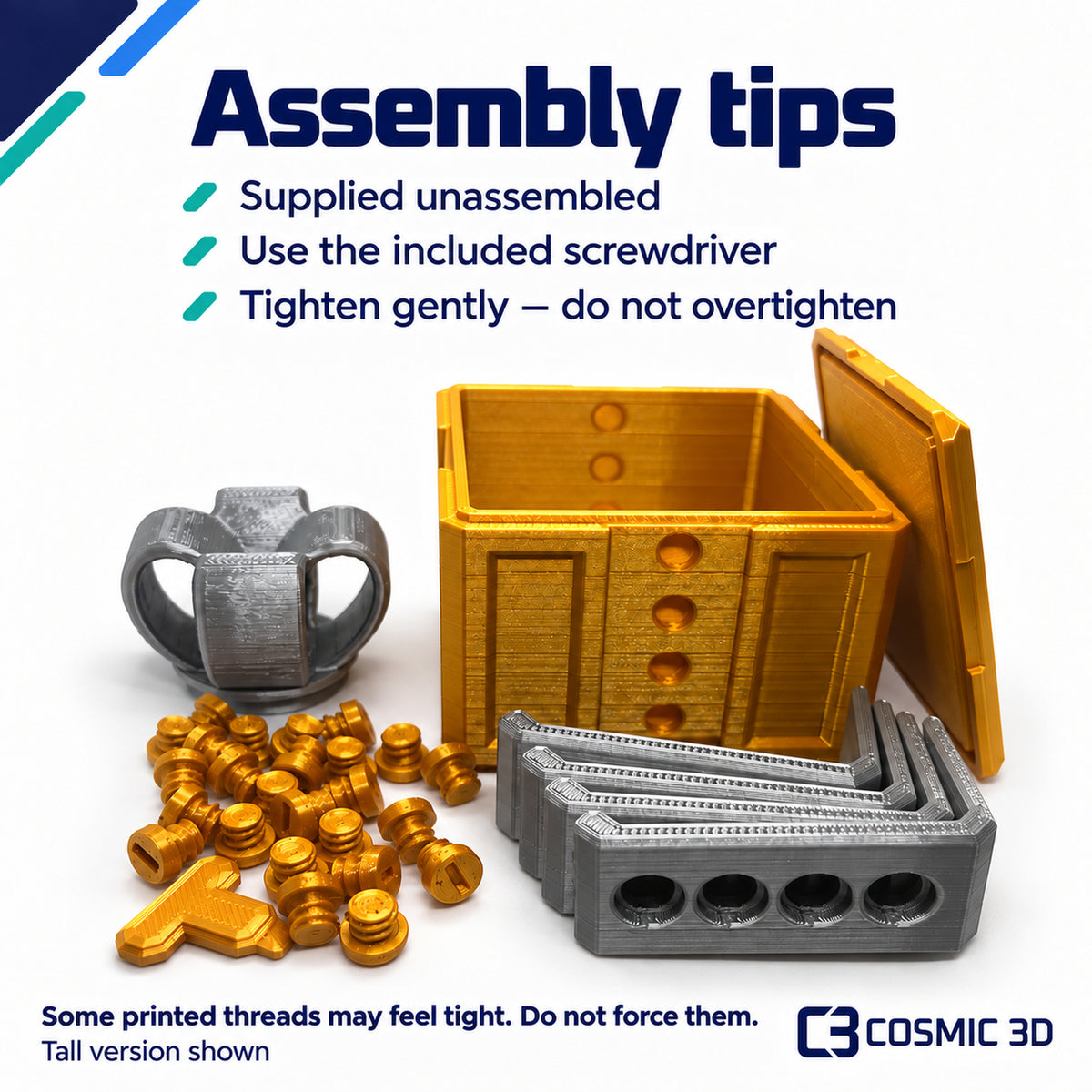 Gift box assembly guide: supplied unassembled; use included screwdriver and tighten gently.