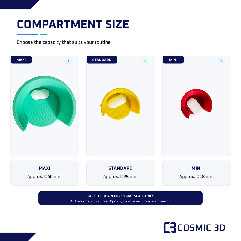 Compartment dimensions for the 7-day twist pill organiser