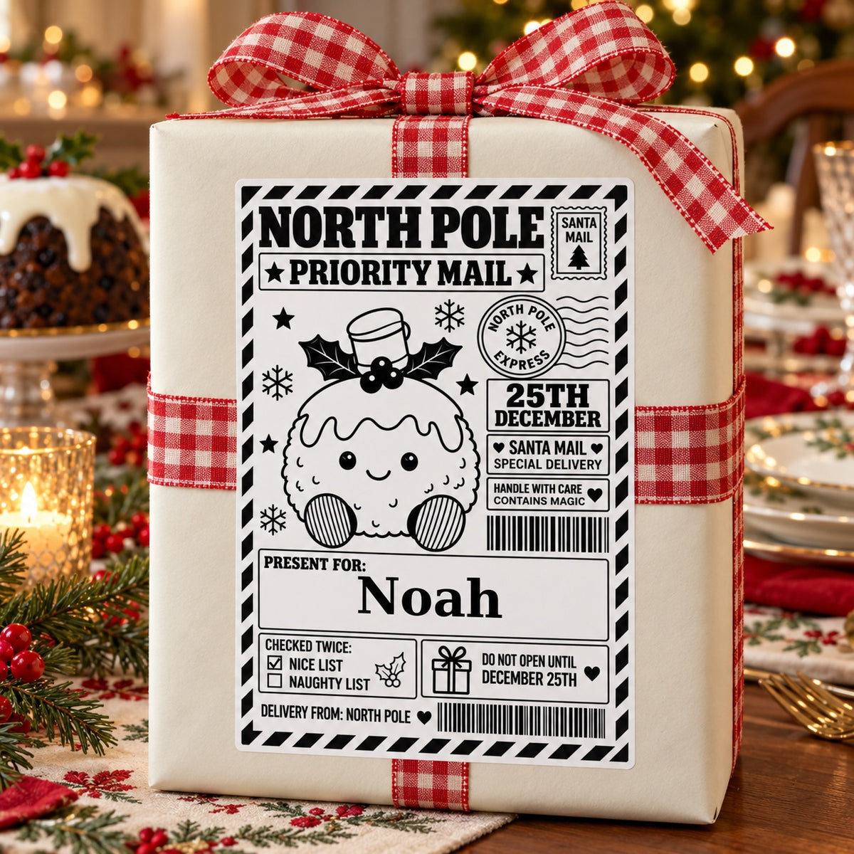 Christmas Pudding North Pole sticker personalised with Noah, shown on a wrapped Christmas gift.