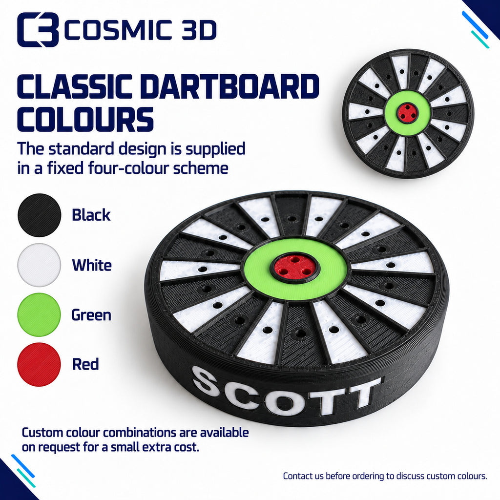 Fixed black, white, green and red dart-holder colours