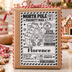 Gingerbread House North Pole sticker personalised with Florence, shown on a wrapped Christmas gift.