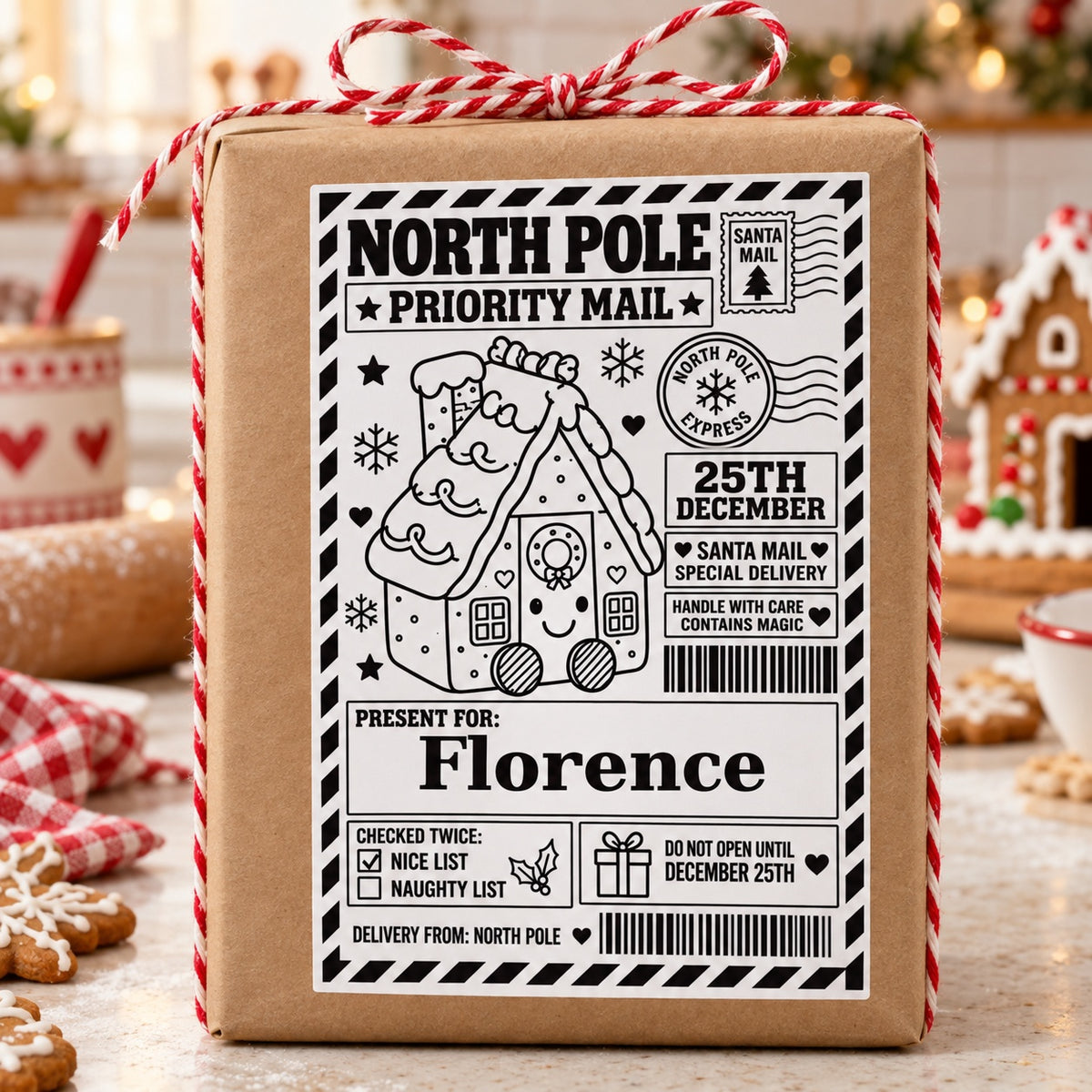 Gingerbread House North Pole sticker personalised with Florence, shown on a wrapped Christmas gift.