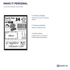 Christmas label ordering guide: choose character and list, select pack size, then enter names.