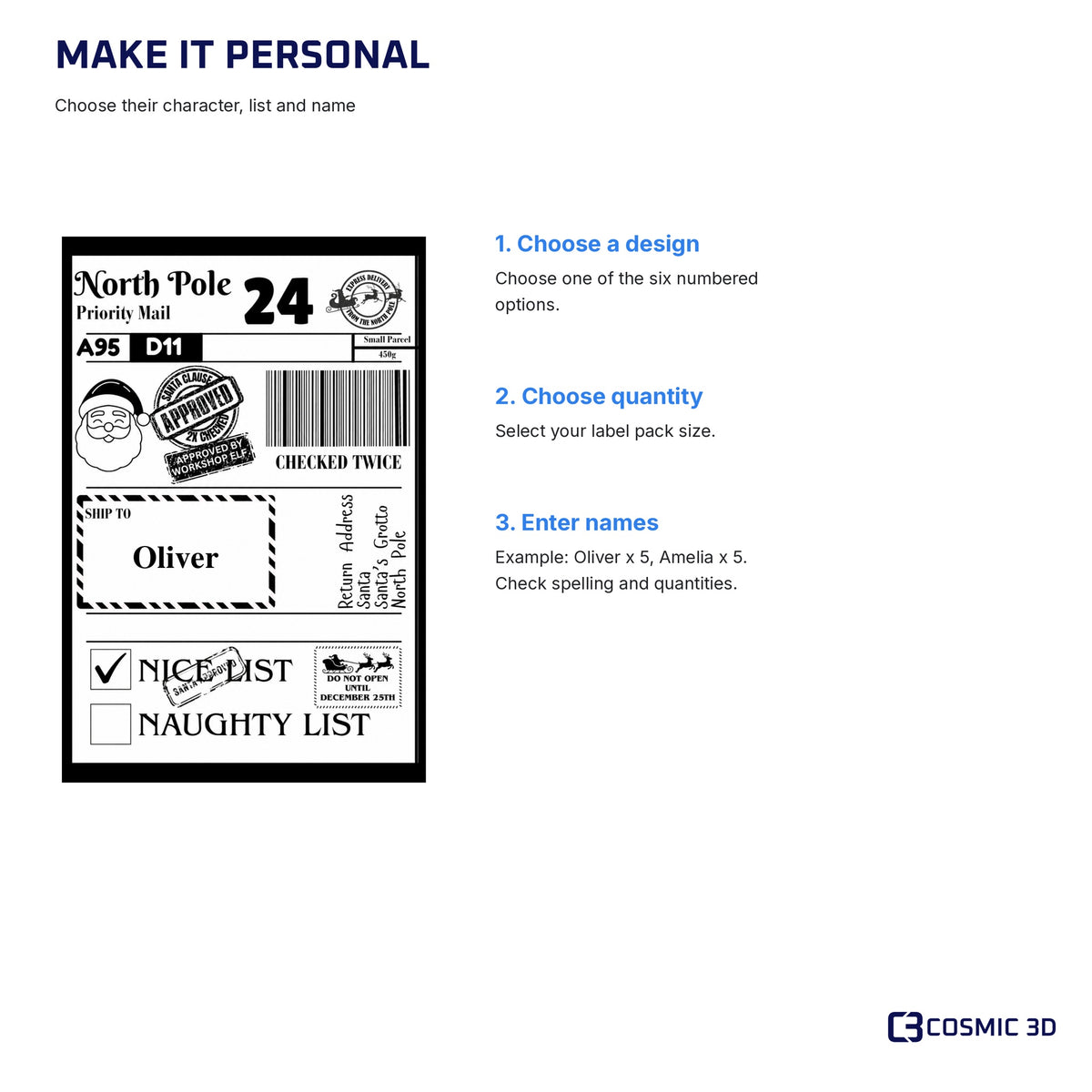 Christmas label ordering guide: choose character and list, select pack size, then enter names.