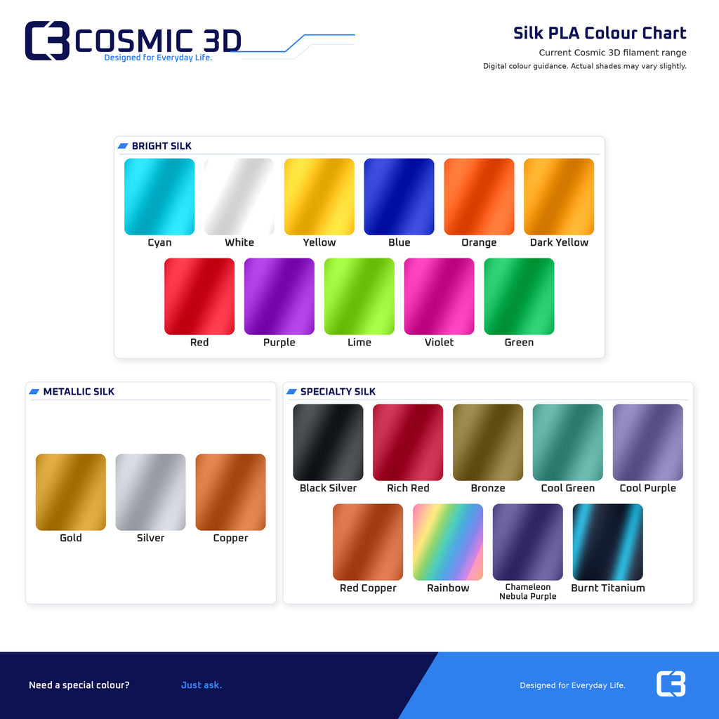 Cosmic 3D Silk PLA colour chart showing bright, metallic and speciality finishes.