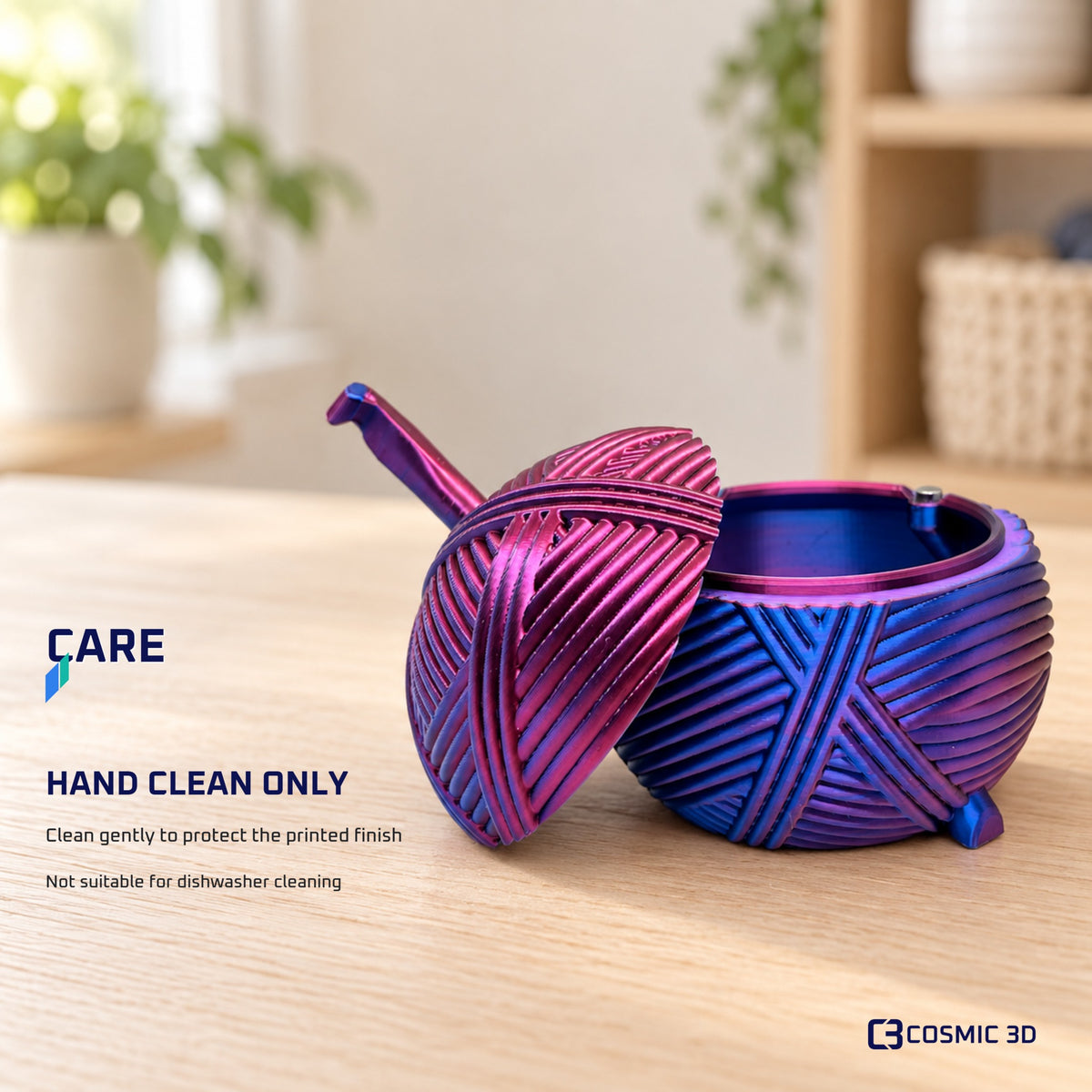 Product care instructions for magnetic yarn-ball storage bowl