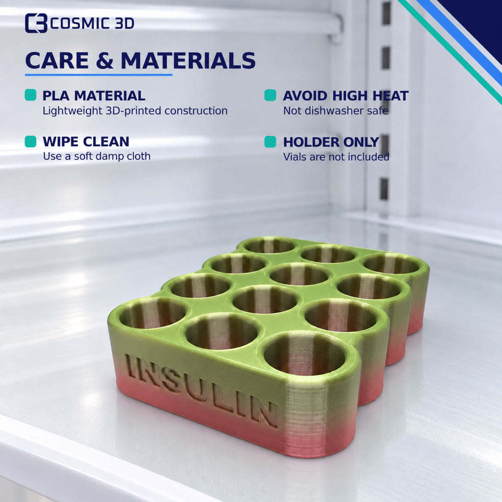 Materials and care guidance for 25 mm insulin vial fridge holder