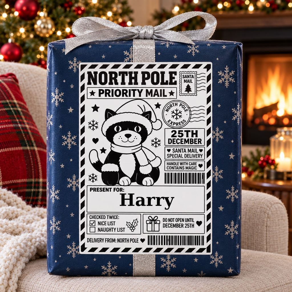 Christmas Cat North Pole sticker personalised with Harry, shown on a wrapped Christmas gift.