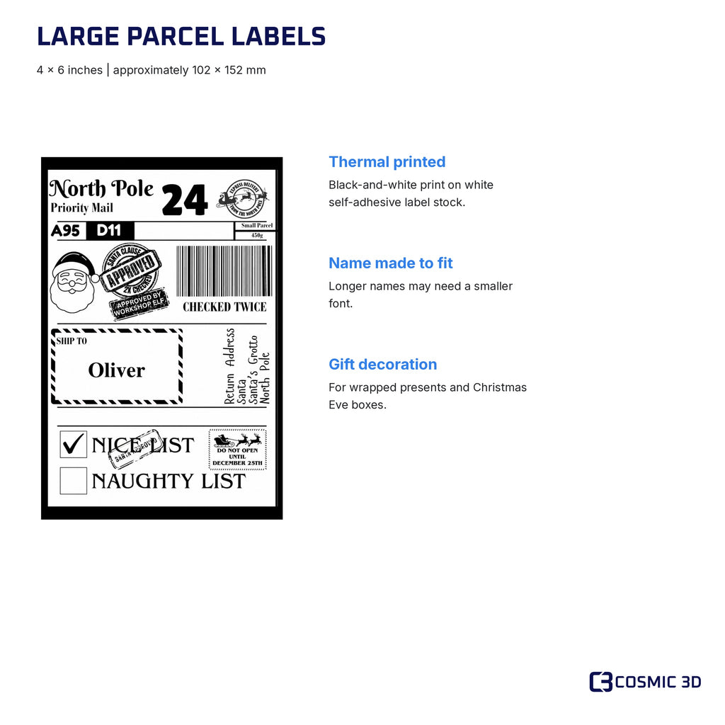 Christmas parcel label size guide: 4 × 6 inches with black thermal print on white self-adhesive stock.