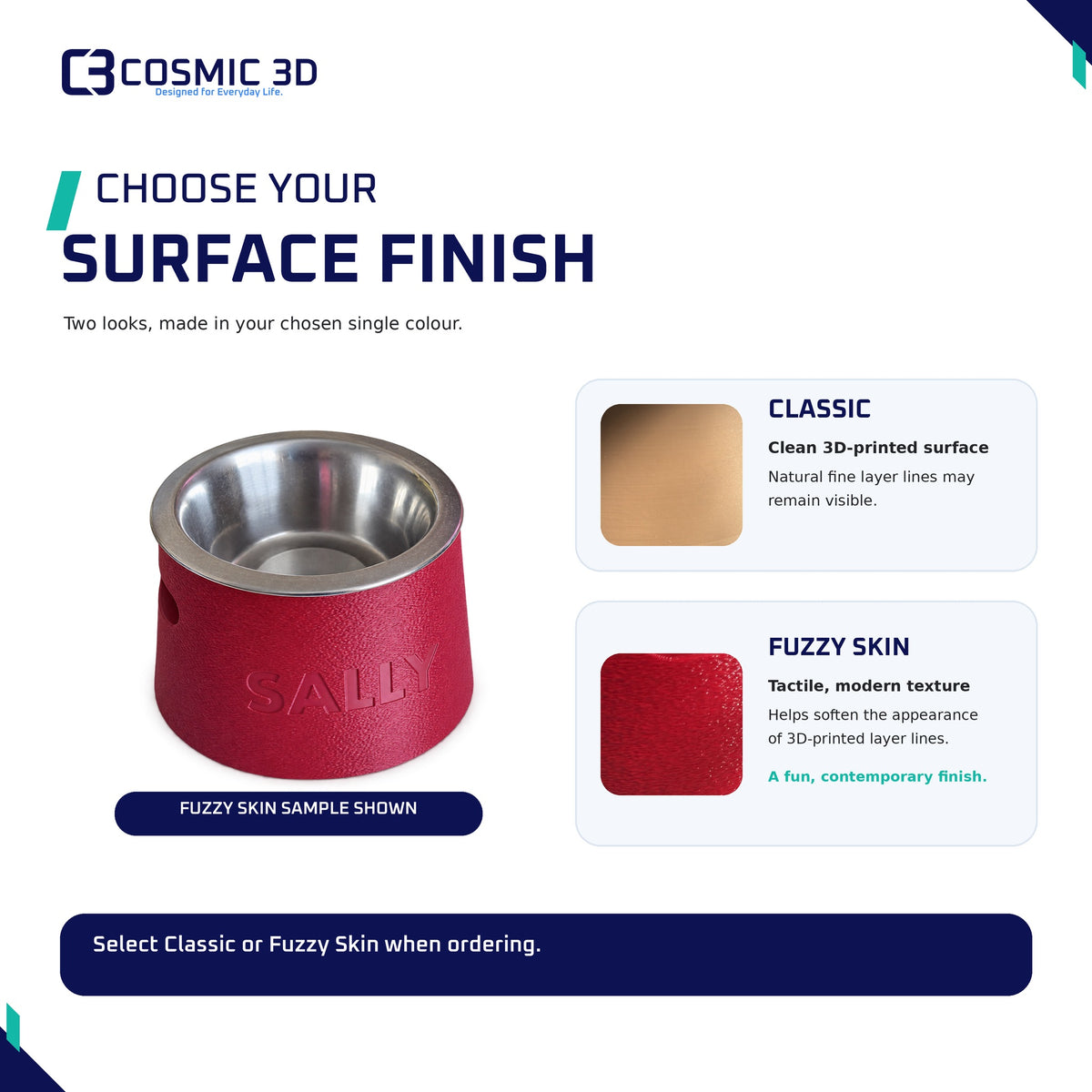 Classic and Fuzzy Skin surface finishes for the tapered pet bowl riser