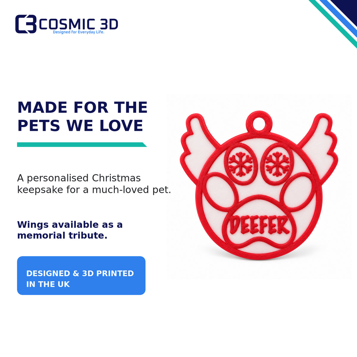 Cosmic 3D product and ordering reassurance for personalised pet paw Christmas ornament