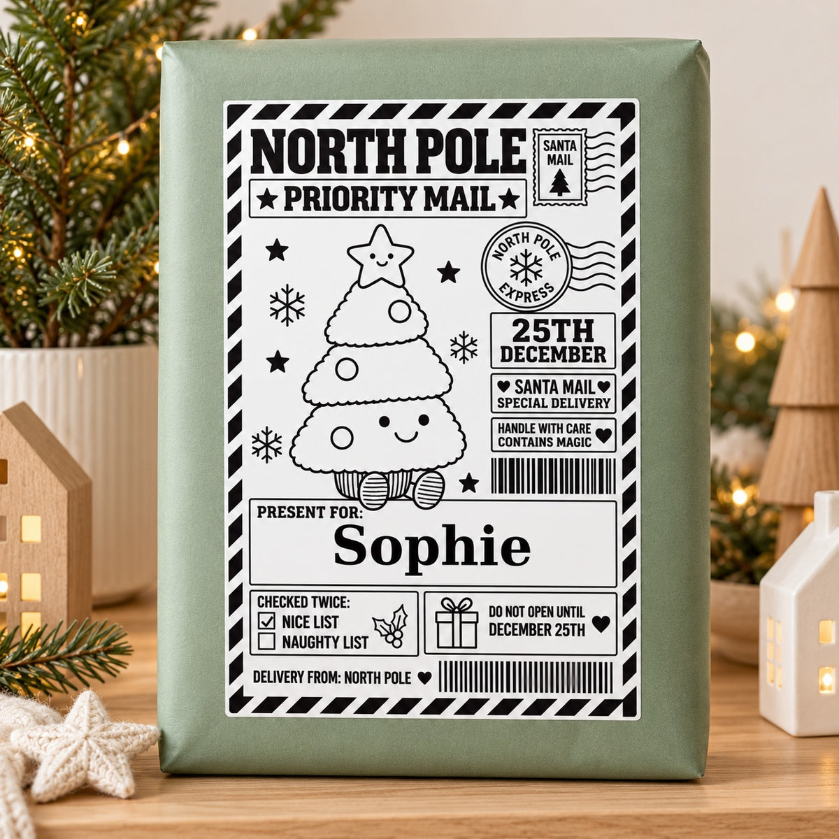 Christmas Tree North Pole sticker personalised with Sophie, shown on a wrapped Christmas gift.