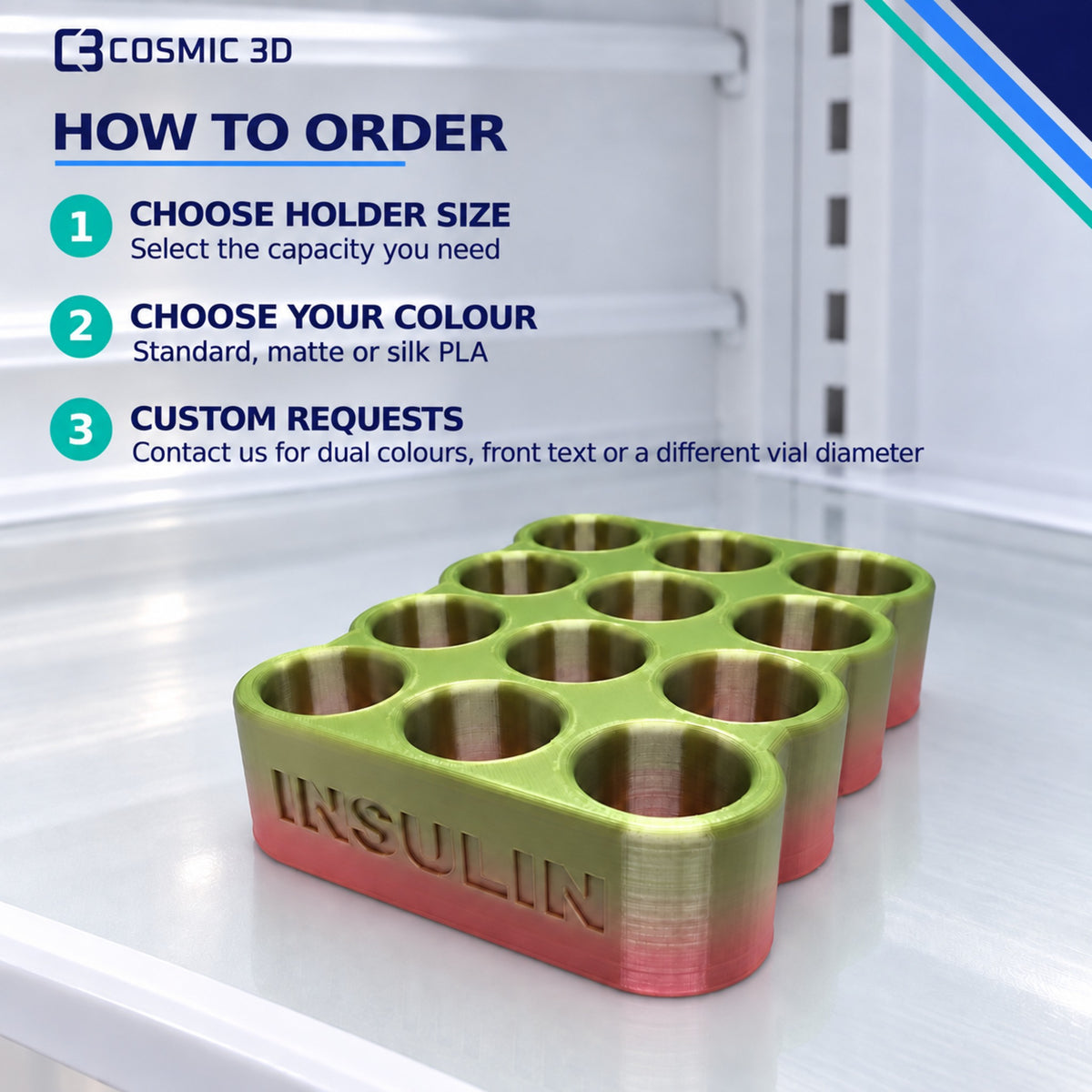Ordering steps for 25 mm insulin vial fridge holder