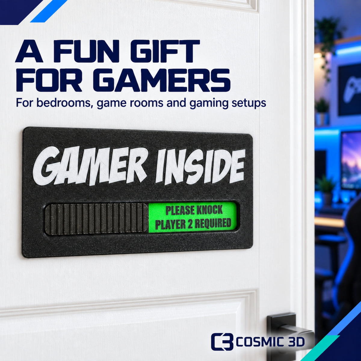 Product shown in a home setting for personalised gamer door sign