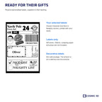 Christmas label contents guide: personalised decorative labels only; not valid postage.