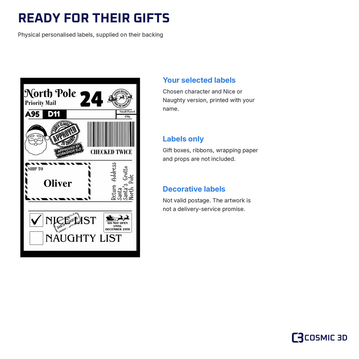Christmas label contents guide: personalised decorative labels only; not valid postage.