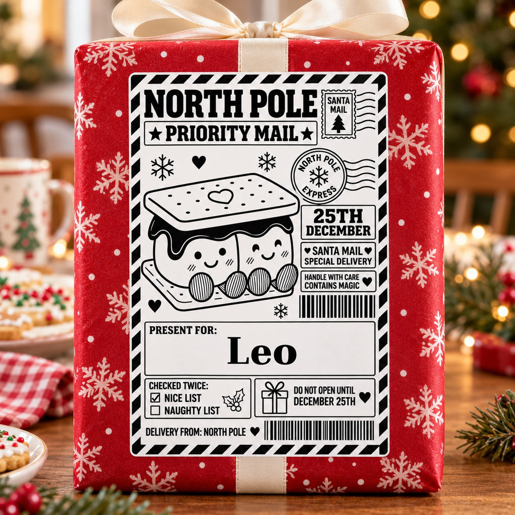 Festive Sandwich North Pole sticker personalised with Leo, shown on a wrapped Christmas gift.