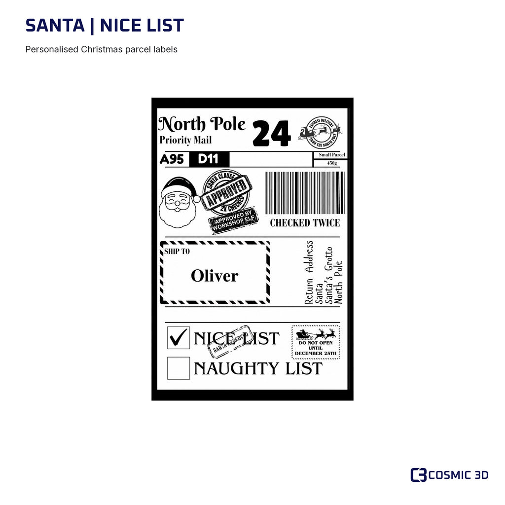 Santa Christmas label preview with Nice List ticked and example name Oliver.