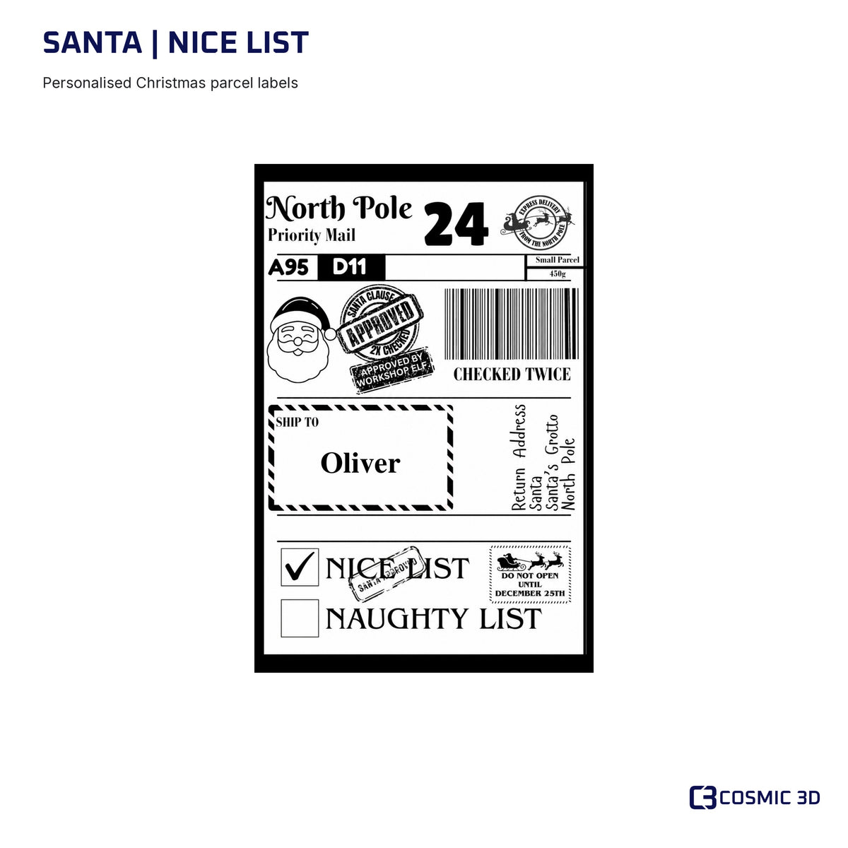 Santa Christmas label preview with Nice List ticked and example name Oliver.