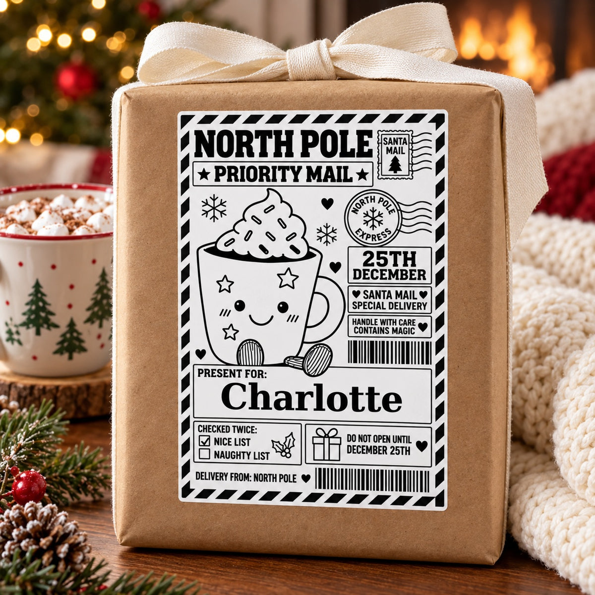 Hot Chocolate North Pole sticker personalised with Charlotte, shown on a wrapped Christmas gift.