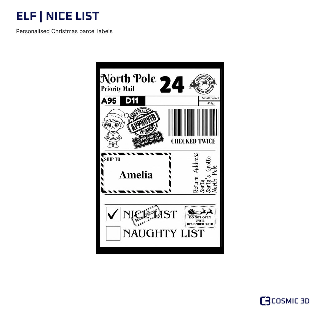 Elf Christmas label preview with Nice List ticked and example name Amelia.