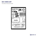 Elf Christmas label preview with Nice List ticked and example name Amelia.