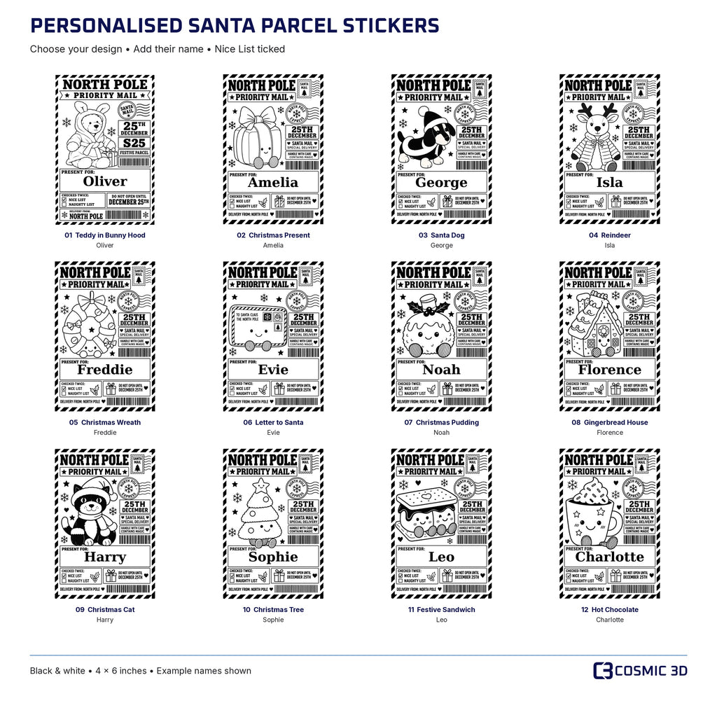 All 12 personalised North Pole parcel sticker designs with example names and the Nice List ticked.