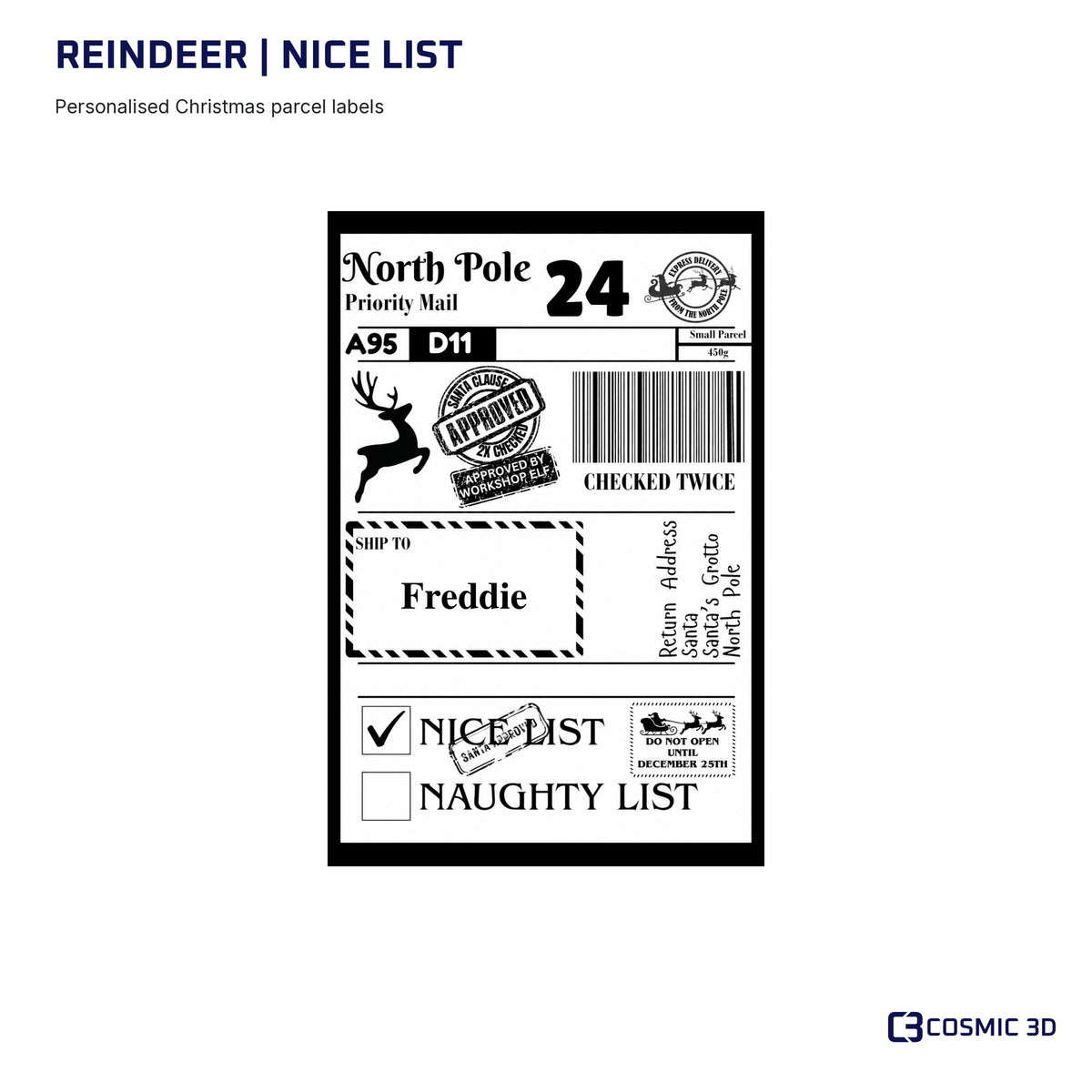 Reindeer Christmas label preview with Nice List ticked and example name Freddie.