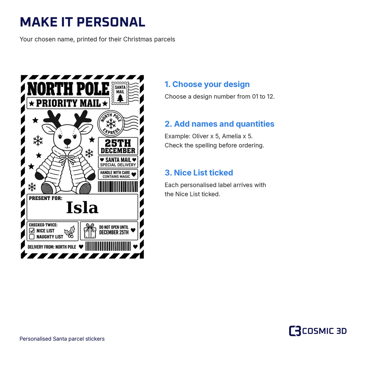 Santa sticker ordering guide: choose a design, enter names and quantities; Nice List is ticked.