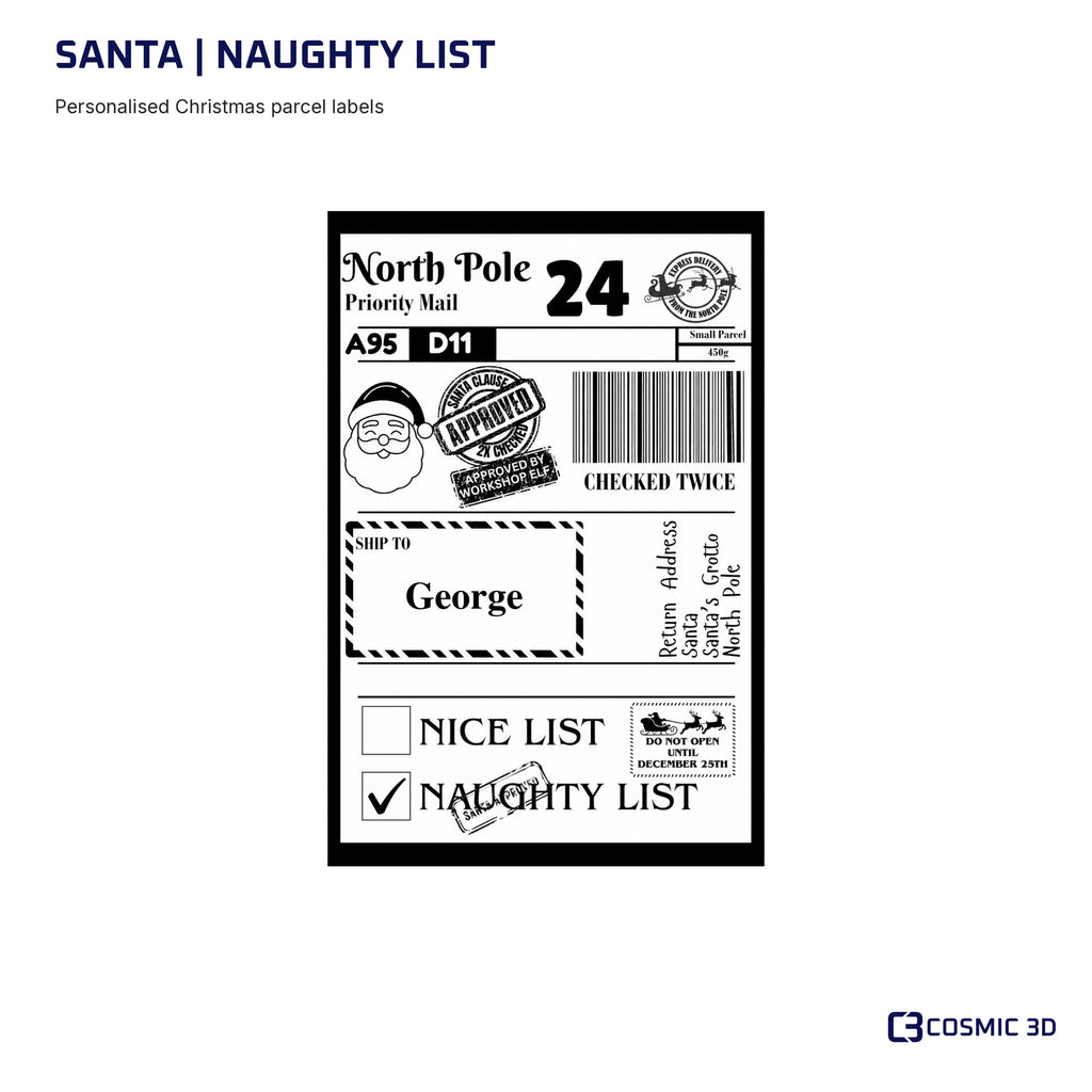 Santa Christmas label preview with Naughty List ticked and example name George.
