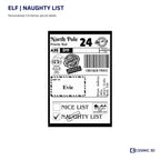 Elf Christmas label preview with Naughty List ticked and example name Evie.
